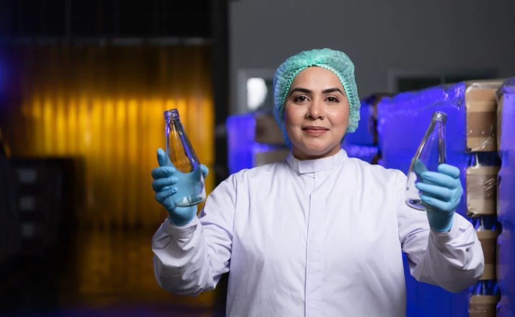 Product quality control officer in fruit juice production line