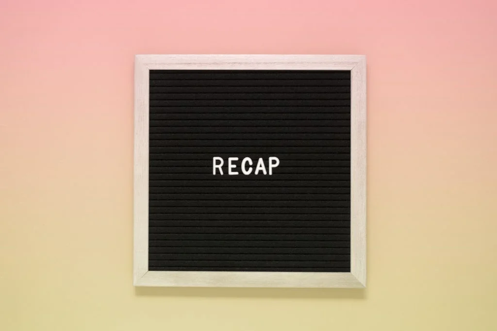 Recap business, economic, market, budget, financial and meeting report concept.