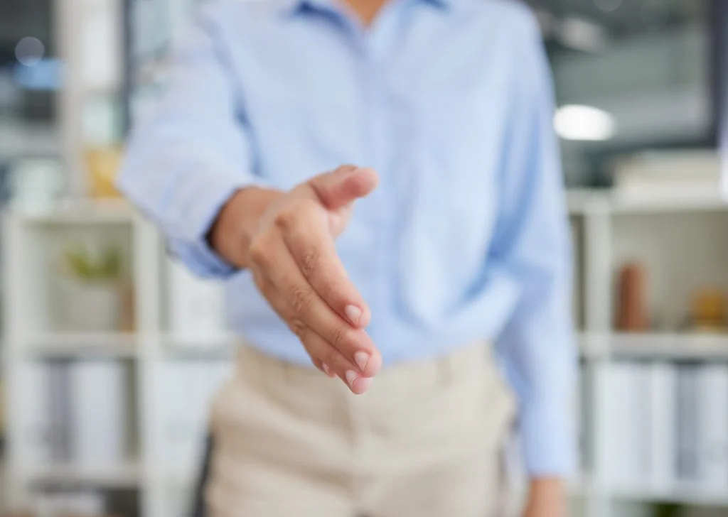 Businessman, handshake and meeting at the office for introduction, welcome or partnership. Employee