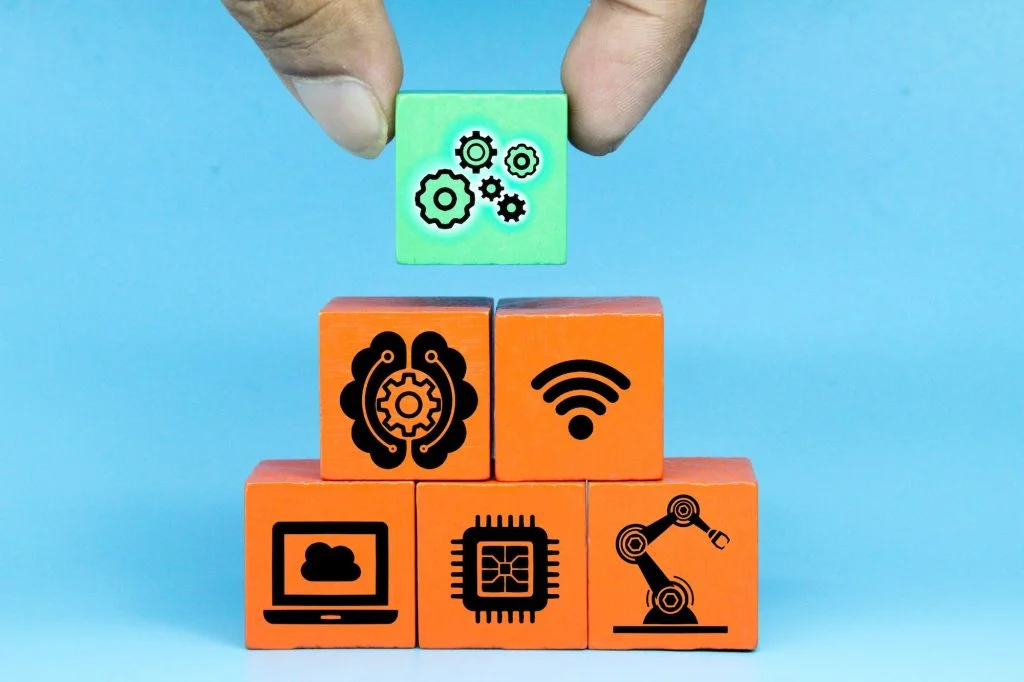 colored cubes with technology items and the word Industry 4.0. Industry 4.0 infographic.