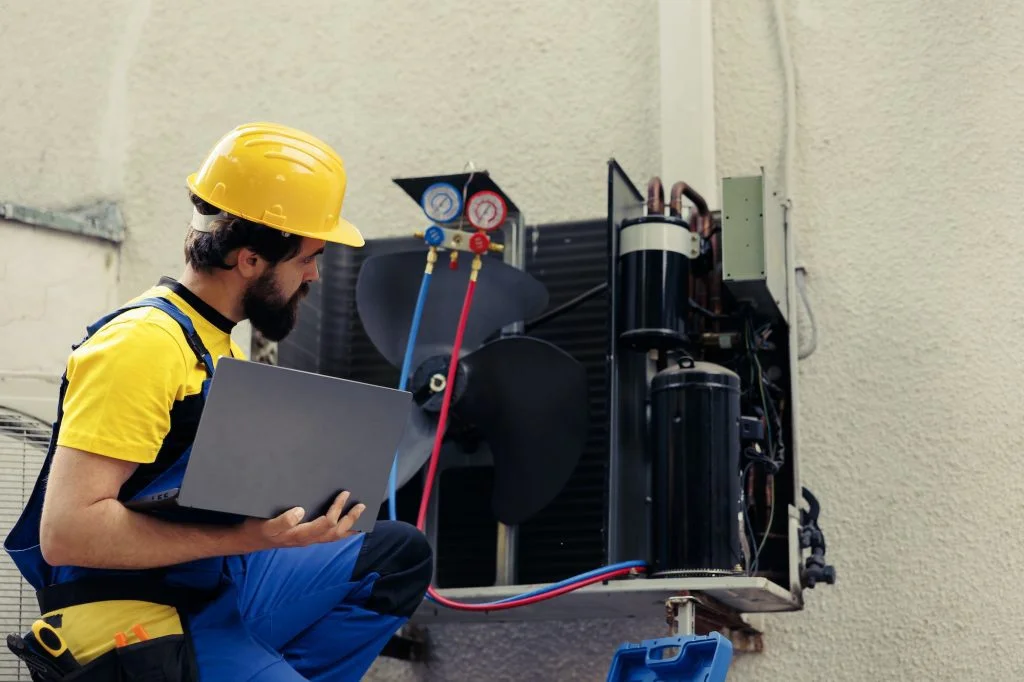 Technician looking for refrigerant leaks